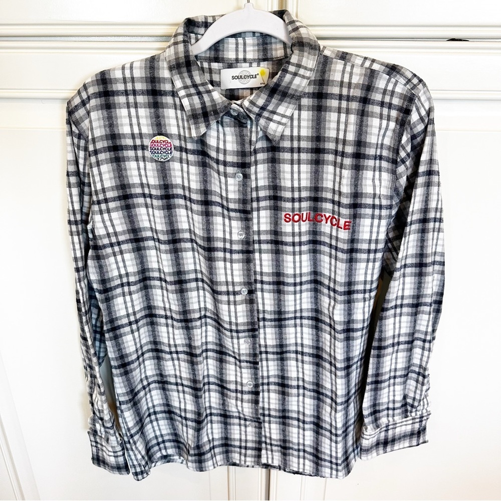 Soul Cycle Cotton Unisex Men’s Women’s Plaid Flannel Button Down Shirt Patches S